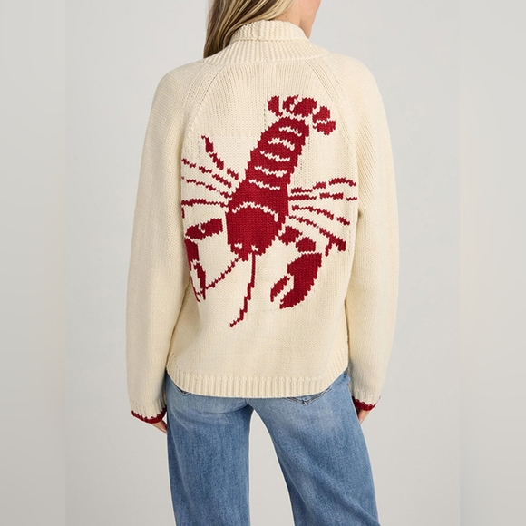 Contrasting Lobster Coastal Print Knit Cardigan Button Long Sleeve Patch Pocket - Picture 3 of 6